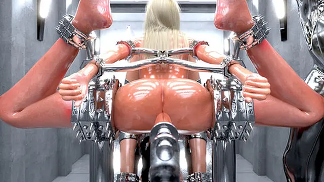 Golden-haired submissive in steel restraints - 3D BDSM fantasy comic