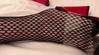 Fishnet and high heel cumshot fetish