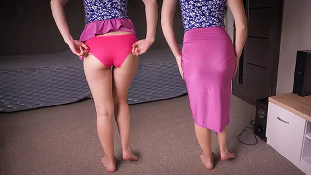 Long Silk Skirt Showcasing Panties In Detail