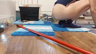 Sexy wife, hairy pussy, big ass, vacuum cleaner in empty house.
