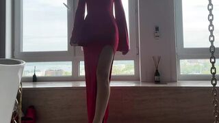 yoga in tight transparent red dress