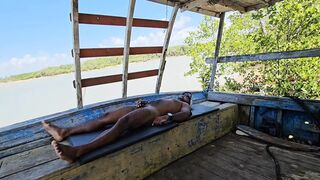 FISHERMAN WHO WAS JERKING OFF HAD A VISIT FROM FRIENDS AND FUCKS THEM BOTH INSIDE HIS BOAT