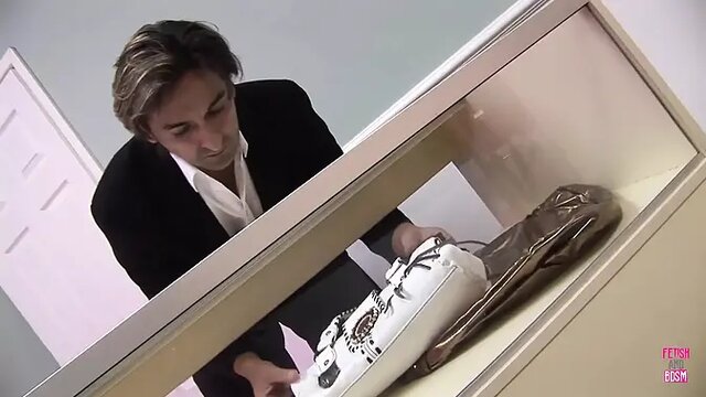 Naughty salesman sells shoes and licks his busty blonde vixen customer's pussy