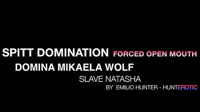 Spitting Girls - Spider gagged mouth spit humiliation - Domina Mikaela wolf and slave Natasha Grof
